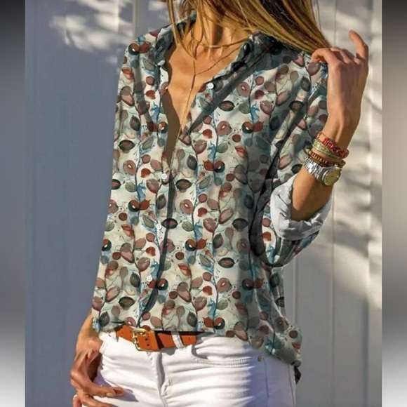 Tops - Boho Classic Printed Button-Up Long Sleeve Blouse Top Shirt Office